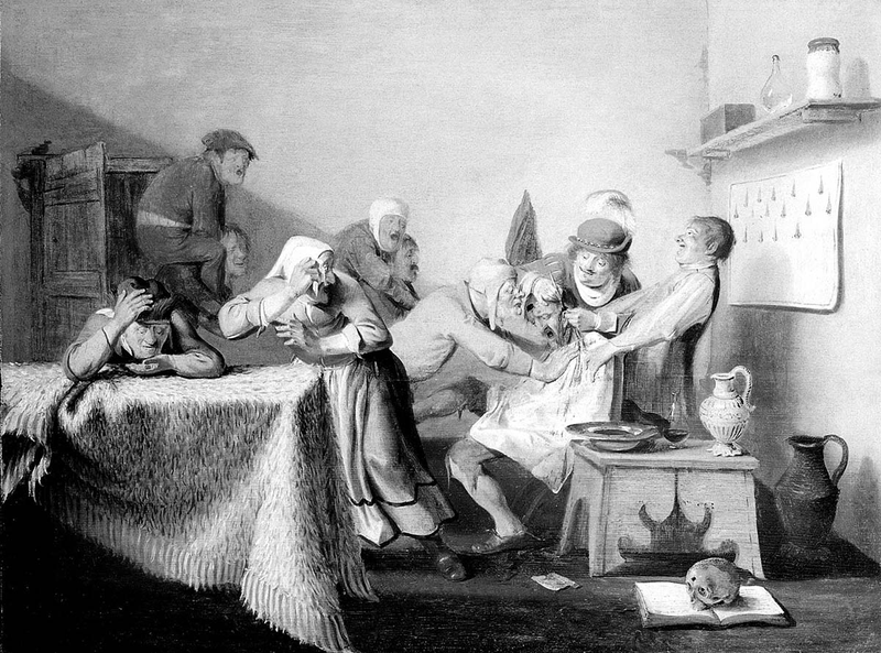 An operator making an incision behind the ear of a seated patient, two assistants restraining the patient, and six other people in the room. Oil painting attributed to Joachim van den Heuvel, 163-.